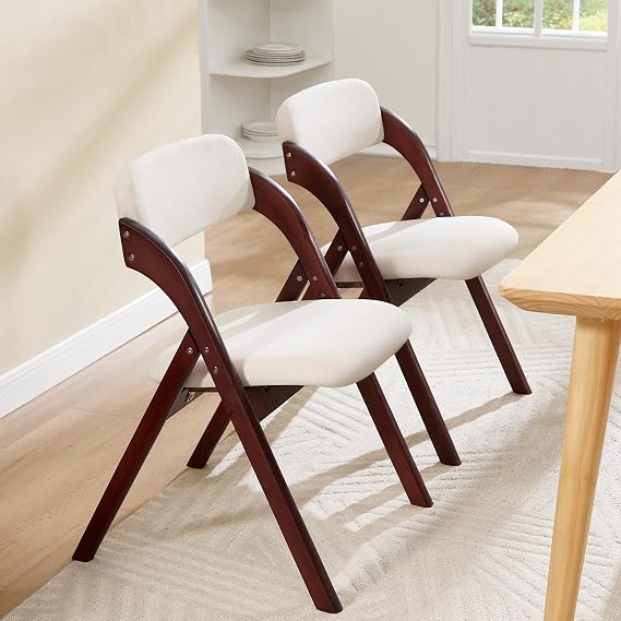 2-Pack Folding Chairs with Cushion, Linen Padded Foldable Dining Chairs, Portable Walnut Wooden Folding Chairs for Dining Rooms Kitchen Wedding Parties Offices Indoor Outdoor Beige