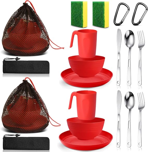 Scout Camping Mess Kit for Person Boy Scout Dishes Set Girl Scout Mess Kit with Mesh Bag Reusable Light Weight Eating Utensils Plastic Camping Cutlery Set for Travel Camp