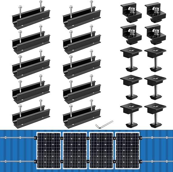 Anbte Solar Panel Mounting Brackets, Included 10 x 4.72 in Rails + 4 end Clamps + 6 Center Clamps + 1 Wrench, Aluminum Solar Mounting Kit for 4 Panels, Waterproof, for Roof, RV, Boat, Black