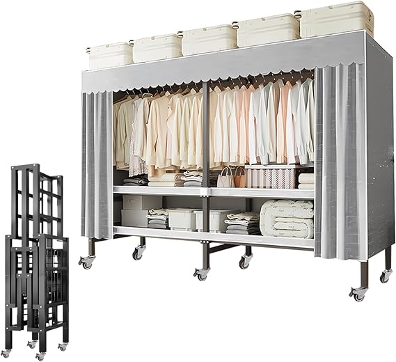 Heavy Duty Rolling Covered Metal Garment Rack with Lockable Wheels and Door, Load 2000lbs, Portable Closets for Hanging Clothes, Large Capacity 360Enclosed Clothing Racks (A, 49.2in/125cm)