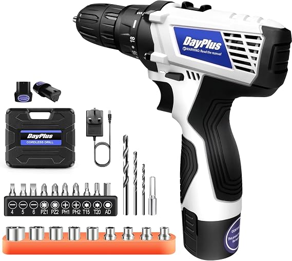 Cordless Drill, Power Drill Set with 23pcs Electric Driver/Drill Bits, 2 Variable Speed, 3/8-Inch keyless Chuck, 18+1 Torque Setting (White, 2x Batteries)