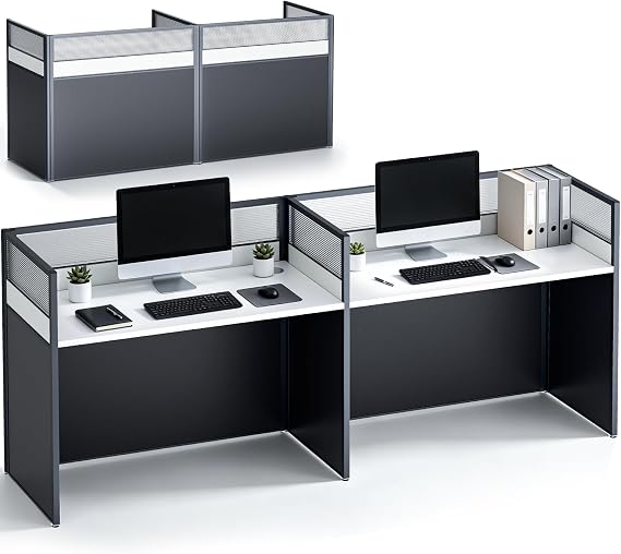 2 Person Office Cubicles Desk with Mute Privacy Panels, Staff Workstation with Cable Management, Sturdy Double Computer Desk for Commercial, Home, Collaborative Work-Spaces (1)