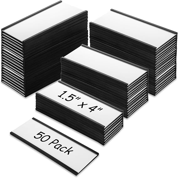 CYEAH 50 Pcs Magentic Label Holders, 4x1.5 inch C Channel Magentic Label Holders with Paper Inserts and Clear Plastic Protectors, Magnetic Data Card Holders File Cabinet Labels for Metal Rack Shelves