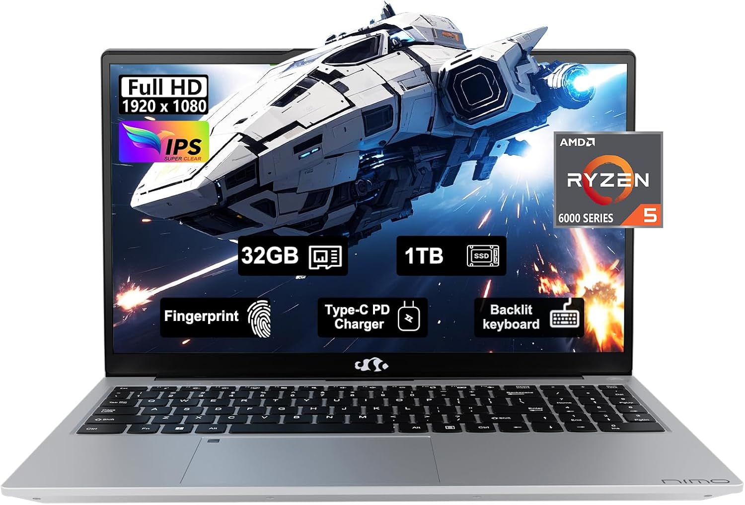 NIMO 15.6 Gaming-Laptop, 6-Cores AMD Ryzen 5 6600H 660M 6nm GPU, 32GB DDR5 1TB SSDup to 4.5GHz 100W Type-C FHD IPS Business-Laptop-Computer with Fingerprint Backlit Keyboard WiFi5 Win11 Renewed