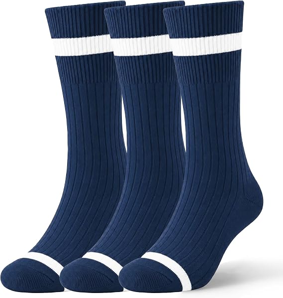 WANDER Casual Crew Socks Classic Stripe Cotton for Men & Women 7-10 3-Pack