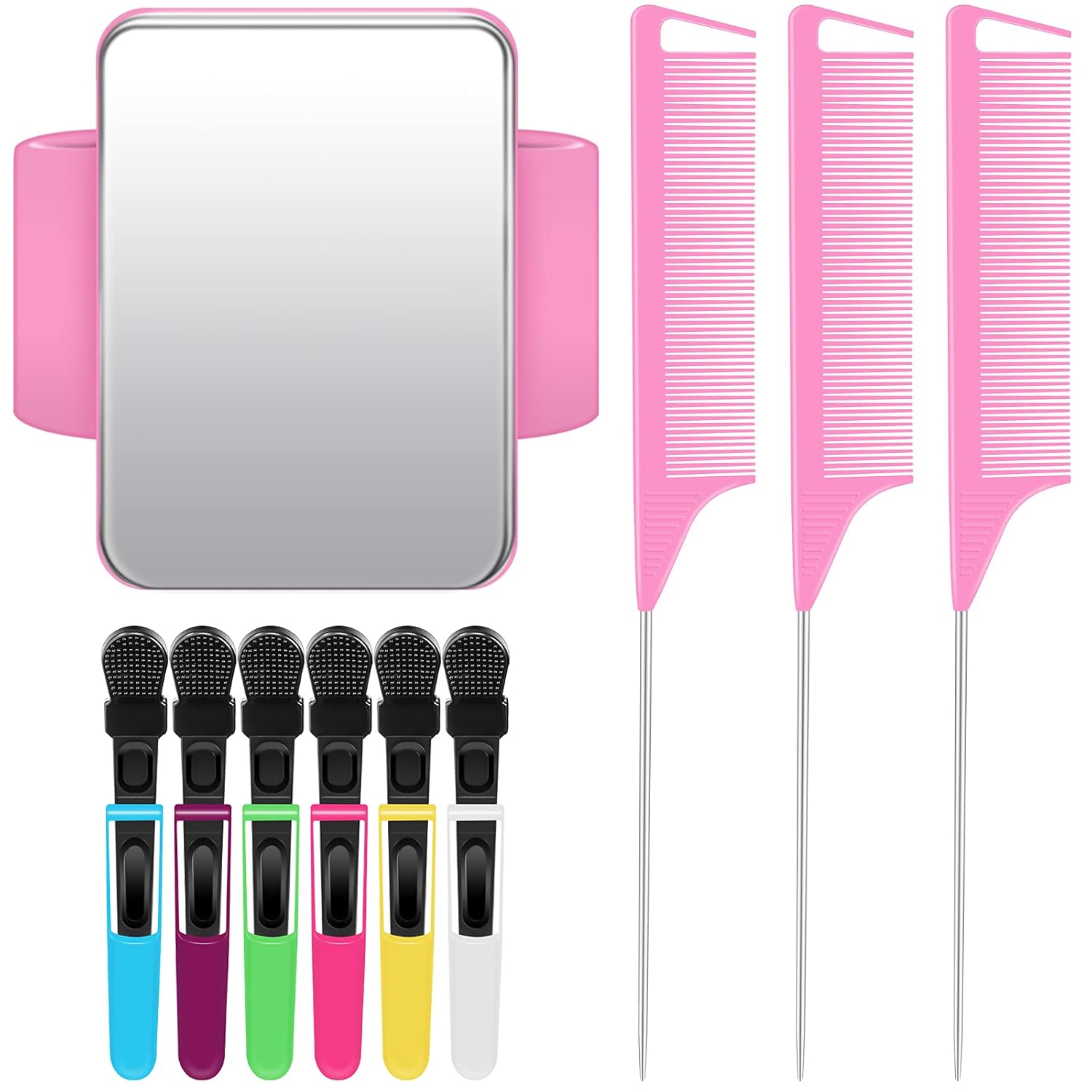 Geiserailie 10 Pcs Hair Styling Tools Set Magnetic Gel & Silicone Wristband for Stylists and Braiders, Wrist Strap, 3 Rat Tail Combs and 6 Plastic ClipsPink Wrist Strap