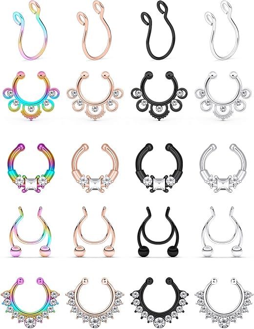 SCERRING Fake Septum Nose Hoop Rings Stainless Steel Faux Lip Ear Nose Septum Ring Non Piercing Clip On Nose Hoop Rings Body Piercing Jewelry Clear CZ 20PCS