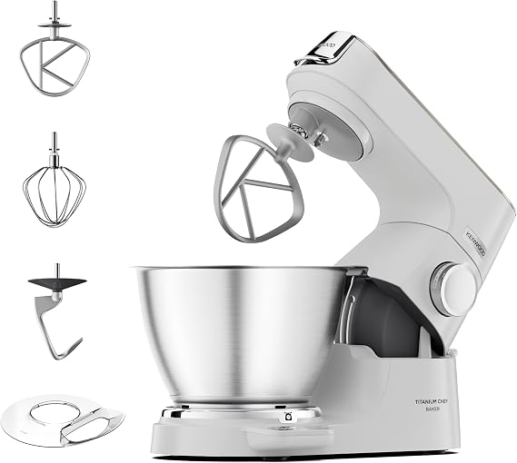 Kenwood Titanium Chef Baker, Kitchen Machine with K-Whisk, Stand Mixer with Kneading Hook, Whisk and 5L Bowl, KVC65.001WH, Power 1400W, White