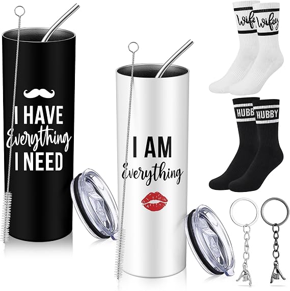 Tioncy 8 Pcs Wedding Gifts for Couples Set Husband and Wife Stainless Steel Insulated Travel Tumbler Couple Socks Keychain Gifts for Bridal Shower Newlyweds Engagement Anniversary Honeymoon(Sweet)
