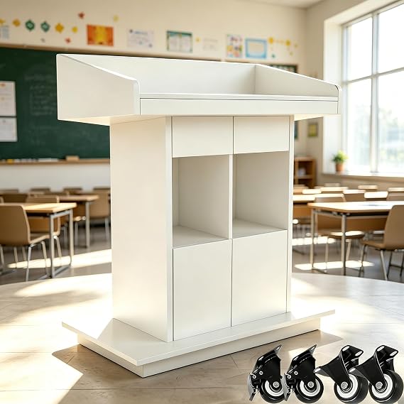 Podium Stand, Wood Podium, 18MM Particle Board, Stable Pulpit with Storage, Podium Stand Portable with Wheels, Wooden Pulpit for Churches, Offices, Classrooms, and Schools,White