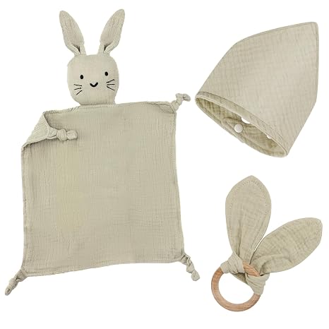 Baby Gift Boy Girl Newborn Gift Set Baby Gifts 3 Pieces Gifts for Birth with Cuddly Cloth Rabbit and Teether Wooden and Bib Baby for Newborn Baby Shower Things (Khaki)