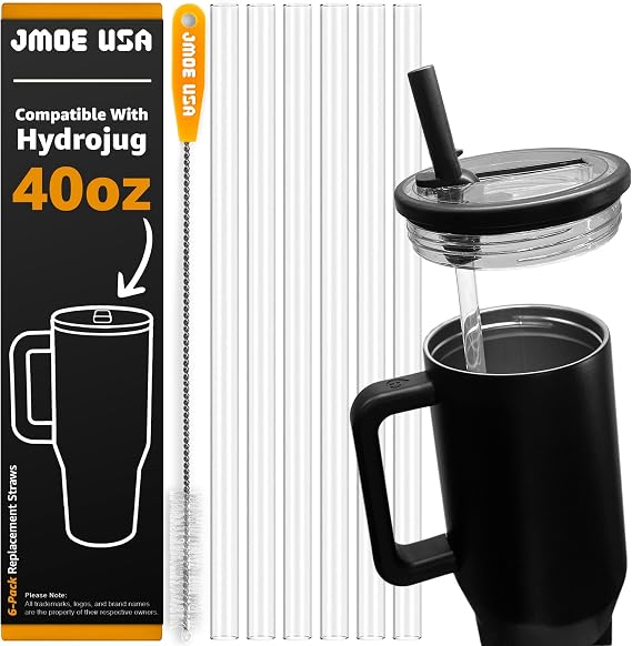 Jmoe USA 40oz Straws For Hydrojug Traveler Tumbler | Replacement Plastic Straws for Hydro Jug 40 oz | 6-Pack Includes Cleaning Brush | Food Grade & BPA Free | Clear (40oz)