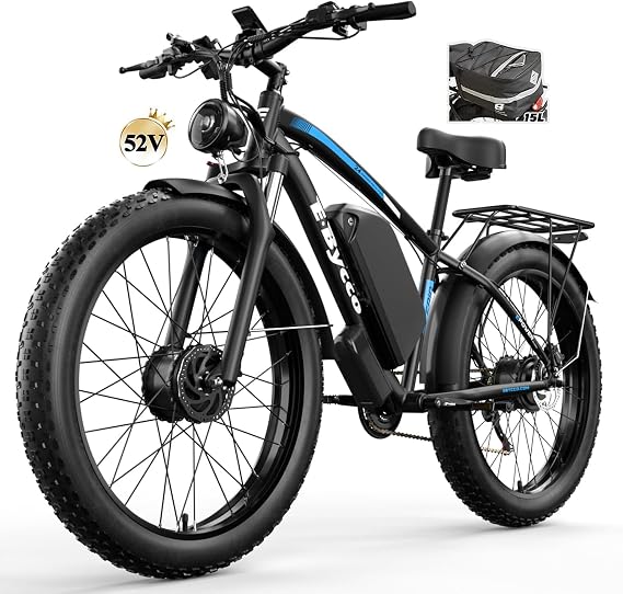 EBycco 6000W Peak Dual Motor Electric Bike, 40-47MPH 24 Inch Fat Tire Ebike for Adults, 52V 32AH 100 Miles Long Range with Hydraulic Disc Brake Mountain Electric Bicycles with Cycling Bag(Blue)