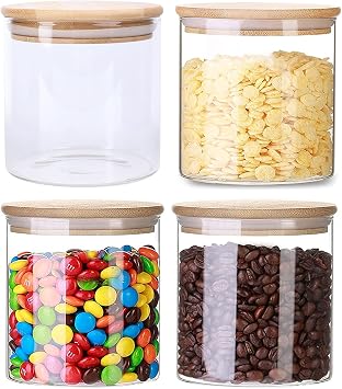 Lawei 4 Pack Glass Storage Jars with Airtight Bamboo Lids, 18.6 OZ Clear Glass Kitchen Canisters Food Storage Container for Dry Goods, Serving Tea, Coffee, Spice, Candy, Cookie