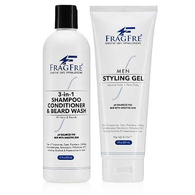 3-in-1 Shampoo Conditioner and Beard Wash 12 oz  Men Hair Styling Gel Normal Hold 8 oz - Fragrance Free Sulfate Free - pH Balanced for Men with Sensitive Skins - No Irritations No Bumps