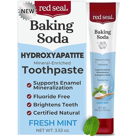 Red Seal Hydroxyapatite Baking Soda Toothpaste Fluoride Free, NATRUE Certified Natural Supports Enamel Mineralization and Brightens Teeth Naturally, SLS & Paraben Free, Vegan, Cruelty-Free