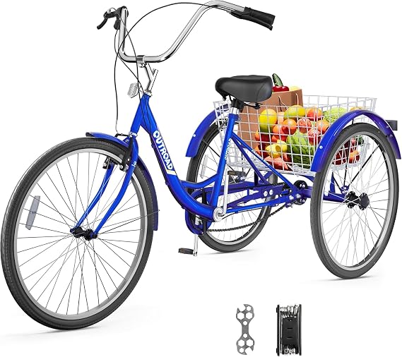 1 Speed Adult Tricycle, 24/26 inch Cruiser Trike with Large Basket for Women Men Seniors, 3 Wheel Bike for Outdoor, Shopping, Recreation (Red/Blue/Purple)