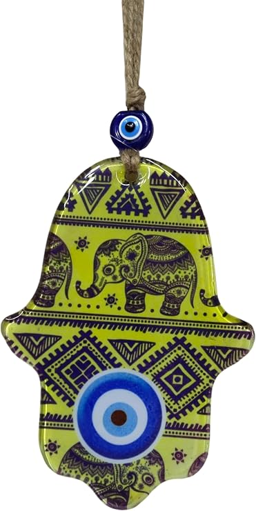 10x15 cm Cam Fatma Ana Eli Duvar Süsü - Filli ve Nazarlık Motifli Otantik Duvar Dekoru - Jüt İpli Sarı Hamsa Eli Ev Hediyesi