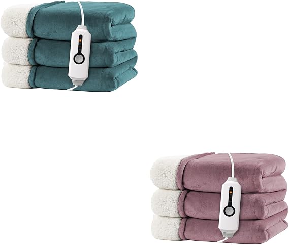 Electric Heated Blanket Throw Size 50''X60'' Twin Size 62''x84''&- Dual-Sided with Microplush & Sherpa Fabric, 4 Heat Settings, 3&10 Hours Auto Off, Machine Washable - Teal/Berry