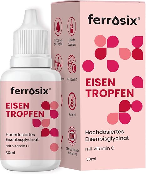 Iron Drops - High Dose Iron Bisglycinate - No Preservatives - Liquid Iron Well Tolerated - Vegan - 30 ml - Ferrosix