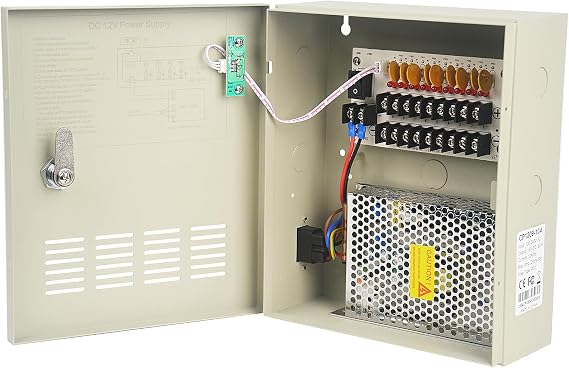 9 Channel CCTV Distributed Power Supply Box for Security Camera - 9 Ports 10A 12V DC Output - PTC Fuse- Regulated and Filtered - Surge Protected - Key Lock - Designed for Surveillance DVR System