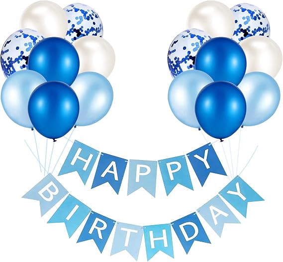 Happy Birthday Banner Bunting Baby Blue Party Balloons Confetti Latex Balloon Party Banners for Boys Girls Birthday Banner Decorations