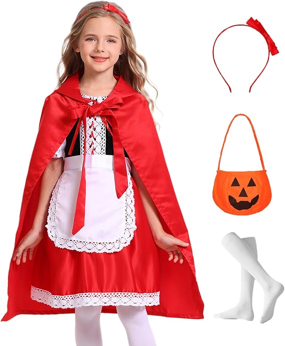Girls Little Red Riding Hood Costume Kids Halloween Cosplay Outfits | Soft Skin-friendly Breathable Red Cape Dress, Cute Accessories, Hairband, Bag, Socks, Fairytail Storybook Character Cosplay