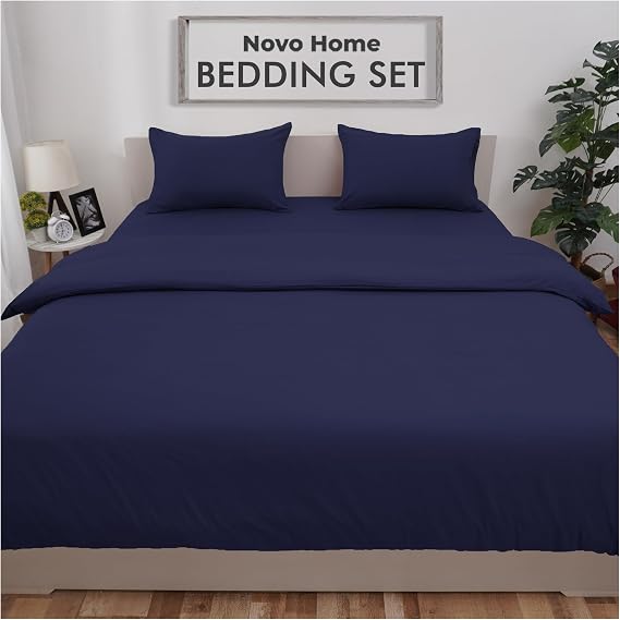 Bedding Set Double with Fitted Sheet, Duvet Cover & 2 Pillowcases – Navy Blue Microfibre 4 Piece Bed Set | Soft, Durable & Easy Care Double Bedding for All Season Comfort in Modern Bedroom