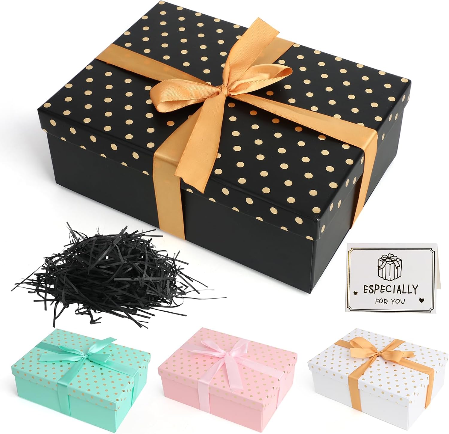 Black Gift Boxes with Lids Large Gift Boxes for Presents Gold Dots Foldable Present Boxes with Card, Shredded Paper, Ribbon for Valentines Day Christmas Birthday Anniversaries Weddings Black