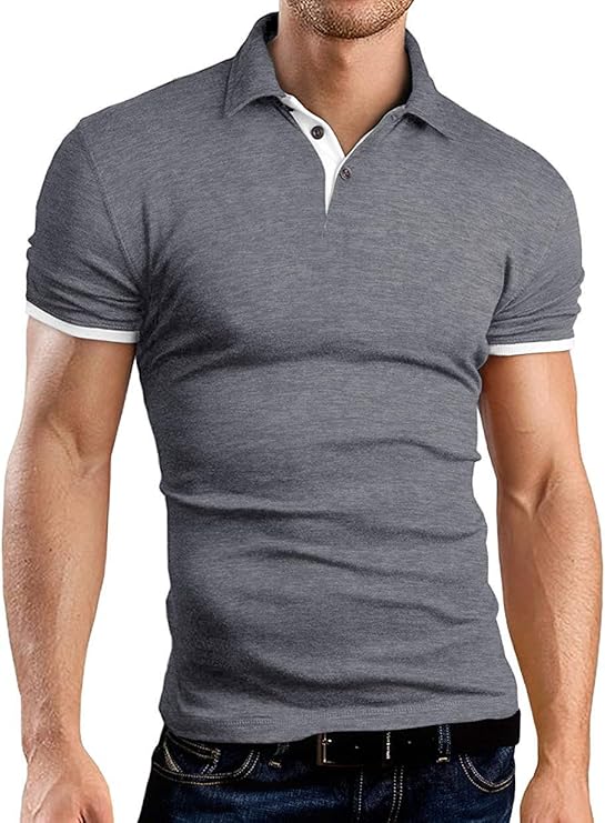 KUYIGO Mens Short Sleeve Polo Shirts Casual Slim Fit Basic Cotton Shirt Top | Classic Collared T Shirt, Contrasting Color, 3-Button Golf Shirt, Great for Summer Wear, Casual, Trip, Work, Outdoor, Gym