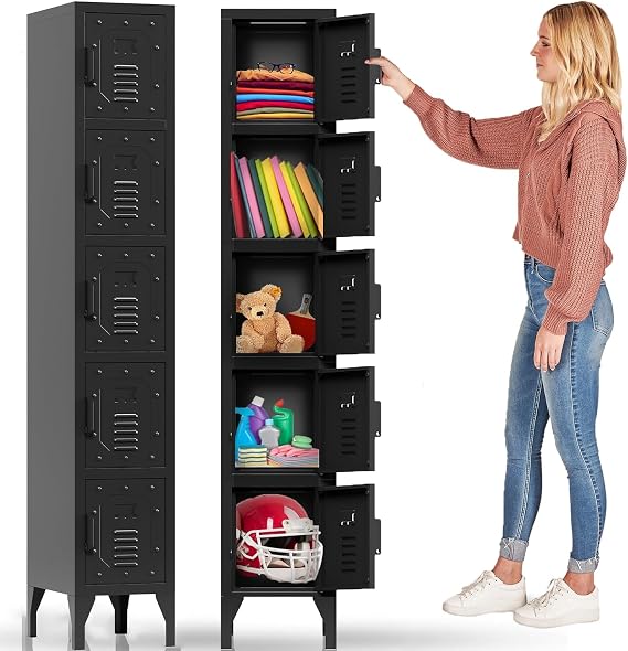 Black Metal Locker 72''Storage Dressing Room Cabinet,Lockers for Employees,5-Door Five-Layer Independent Wardrobe Storage Box for Home,Garage,Bedroom,Gym,Office,School,Fire Department