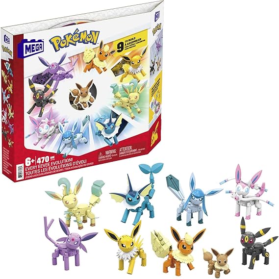 MEGA Pokemon Building Toys Set Every Eevee Evolution with 470 Pieces, 9 Poseable Characters, for Kids