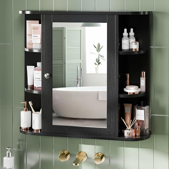 Bathroom Medicine Cabinet with Mirror, Mirror Cabinet with 6 Open Shelves, Modern Bathroom Wall Cabinet Medicine Cabinet, Black