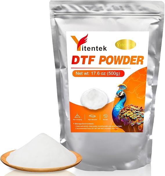 DTF Powder - 500g / 17.6oz White Digital Transfer Hot Melt Adhesive, DTF PreTreat Transfer Powder for All DTF and DTG Printers, DTF Hot Melt Adhesive Powder for All Fabric, 1.1LB
