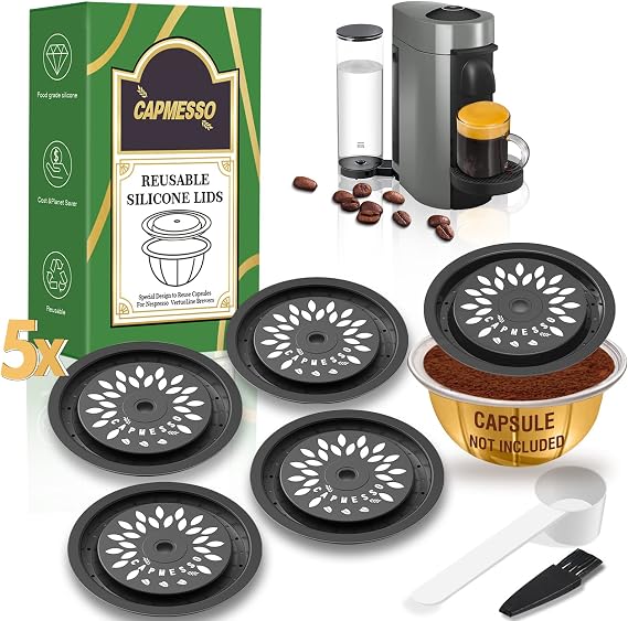 CAPMESSO Reusable Coffee Capsule Lids for Reusable Nespresso Pods Vertuo, Food Grade Silicone Caps for Any Sizes of Refillable Vertuo Pods with Scoop and Brush (5PCS Silicone Caps)