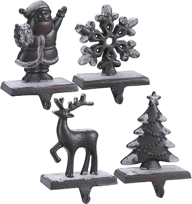 Set of 4 Cast Iron Christmas Stocking Holders for Mantel - Heavy Duty Stocking Hangers for Mantle- Xmas Tree Snowflake Deer Santa Stocking Holder for Mantle Decoration Classic Black