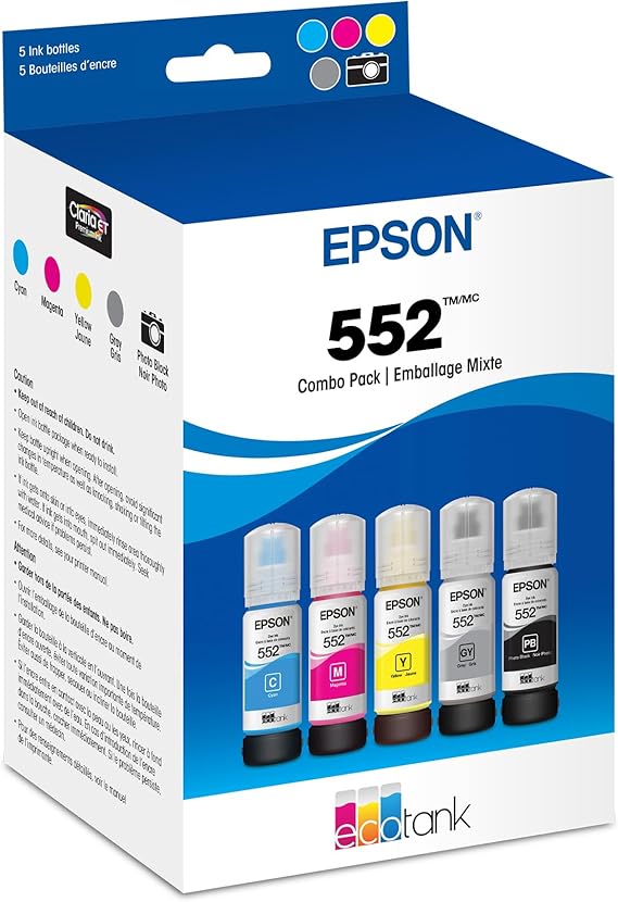 EPSON 552 EcoTank Ink Ultra-high Capacity Bottle Five Color Combo Pack (T552920-S) Works with ET-8500, 8550