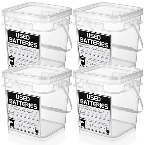 Foxtell 4 Pcs Battery Disposal Container 1 Gallon Dry Cell Storage with Label Battery Recycling Container for Safe Storage and Household & Office Use (Clear, Square)