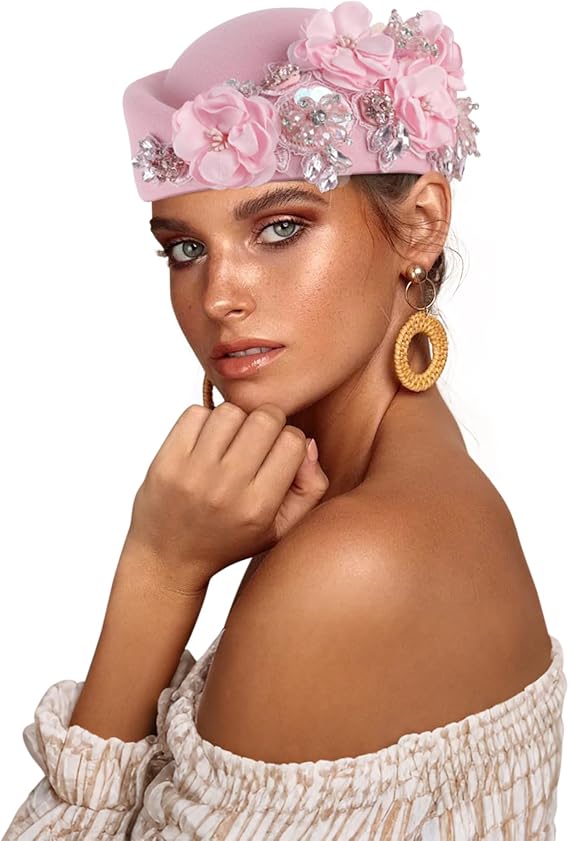 Beret Hats for Women British Felt hat Women's Church Derby Headdress Women's Floral hat Suitable for Wedding Parties Events