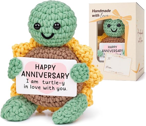Wedding Anniversary Romantic Gifts for Him Her, Handmade Crochet Turtle Ornament, Cotton Paper Wooden Anniversary Present for Couples Boyfriend Girlfriend Husband Wife, Sweet I Love You Gifts