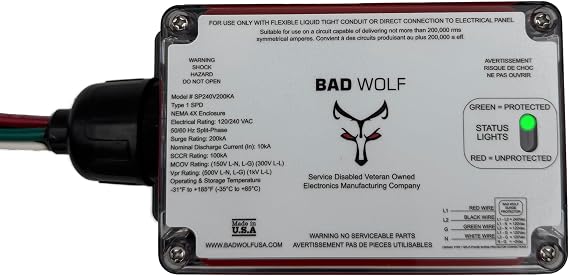 Bad Wolf SP240V200KA Whole House Surge Protector, 200kA, Type 1 SPD, 120/240V Split-Phase, ETL Listed UL 1449 5th Ed & CSA C22.2 No. 269.1/269.2, NEMA 4X IP67