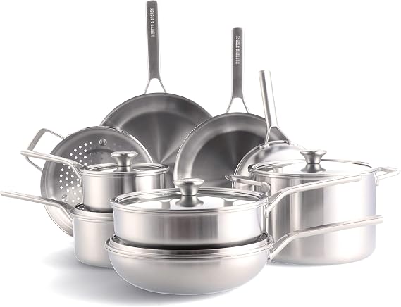 Merten & Storck Tri-Ply Stainless Steel Cookware Set 14 Pieces Pots & Pans Measuring Scale Drip-Free Pouring Rim Robust Glass Lids Suitable for Induction Oven and Dishwasher Safe Silver