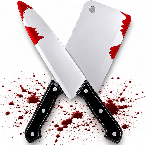 ArtCreativity 15" Fake Knife Halloween Prop, Set of 2 Bloody Knife Prop Set with Meat Cleaver and Kitchen Knife - Highly Detailed Plastic Knives for Halloween Costumes - Toy Knife Set with Blood