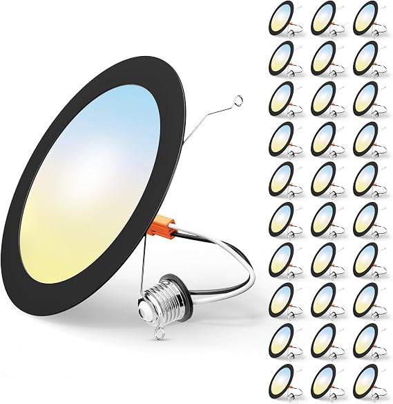 FREELICHT 30 Pack Retrofit LED Recessed Lighting 6 Inch, Selectable 2700K/3000K/4000K/5000K/6000K, Dimmable Flat LED Can Lights, 10W=110W, 1000LM, IC & Damp Rated, ETL & FCC, Black