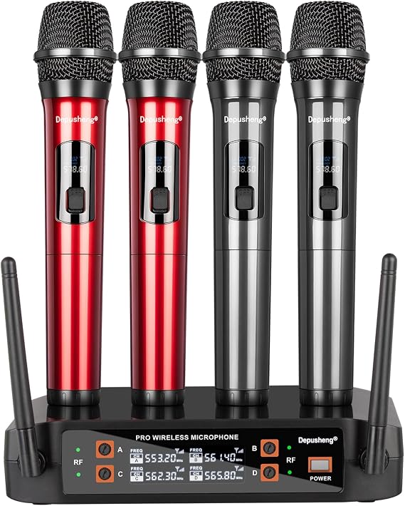 Depusheng Wireless Microphone, Professional 4 Channels Karaoke Handheld System for Home Karaoke, Meeting, Party, Church, DJ, Wedding, Home KTV Set