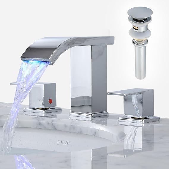Bathroom faucets 3 Hole Widespread LED Light Bathroom Sink Faucet 8 inch Modern Bathroom Waterfall 3 Hole Vanity Chrome Faucet with Pop Up Drain(Chrome)