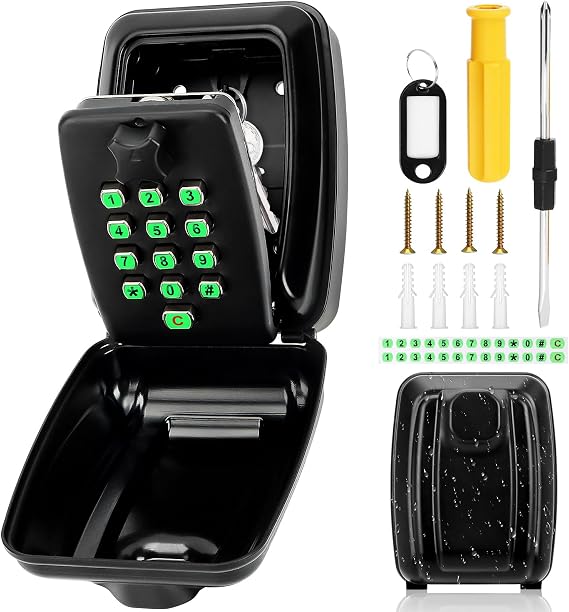 Key Safe Wall Mounted - Key Lock Box Outdoor with Illuminated Button Stickers - Large Key Box with 12-Digit Code - Key Storage Box with Weatherproof Cover for Home Garage Office School