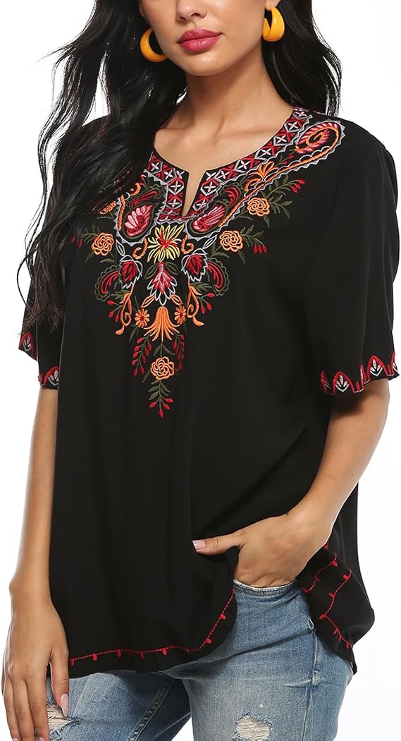 Higustar Mexican Embroidered Tops for Women Bohemian Peasant Shirts Boho Tunic Traditional Clothes Floral Fiesta Blouse
