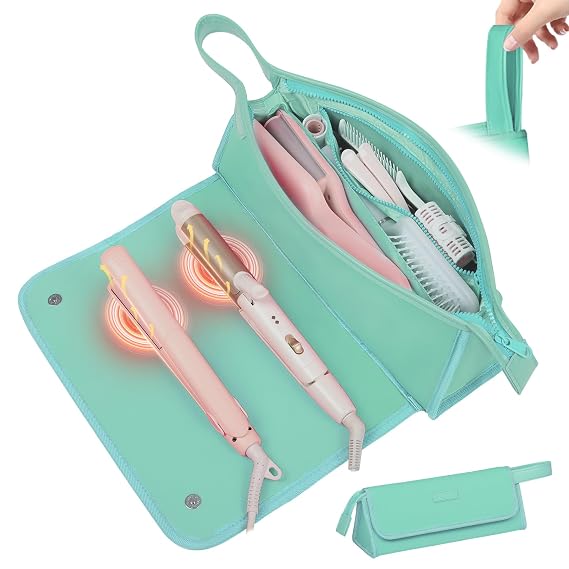 JKAOO Hair Tools Travel Bag and Heat Resistant Mat, Blue-Green