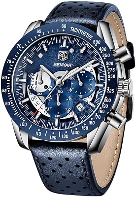 BY BENYAR Watches for Men Luxury Quartz Water Resistant Watch Mens Chronograph Genuine Leather Strap 5120